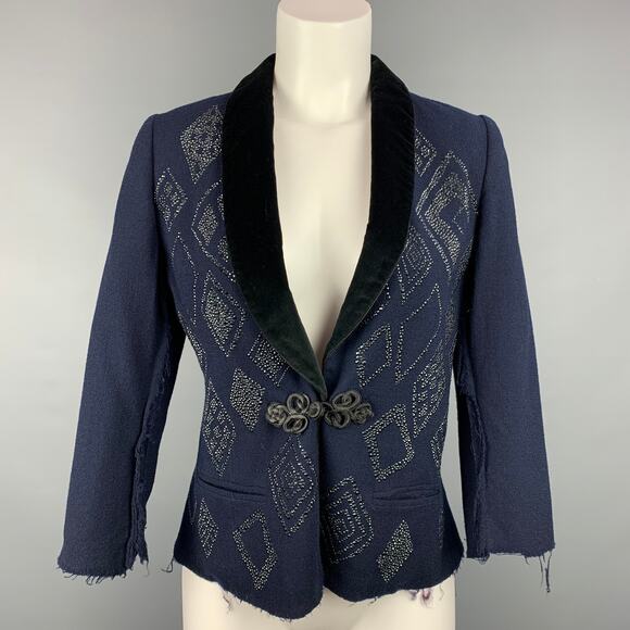 VINTAGE Size S Navy & Black Crepe Rhinestones Tuxedo Jacket - Picture 1 of 4